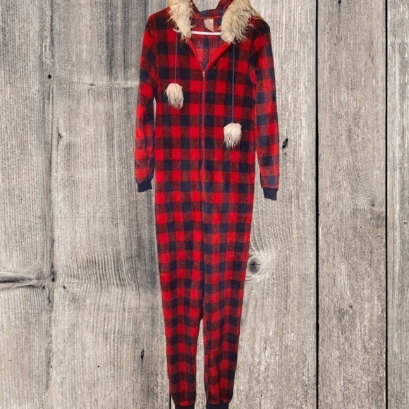 Secret Treasures Red Buffalo Plaid Fuzzy Hooded One Piece Pajamas - Picture 1 of 3